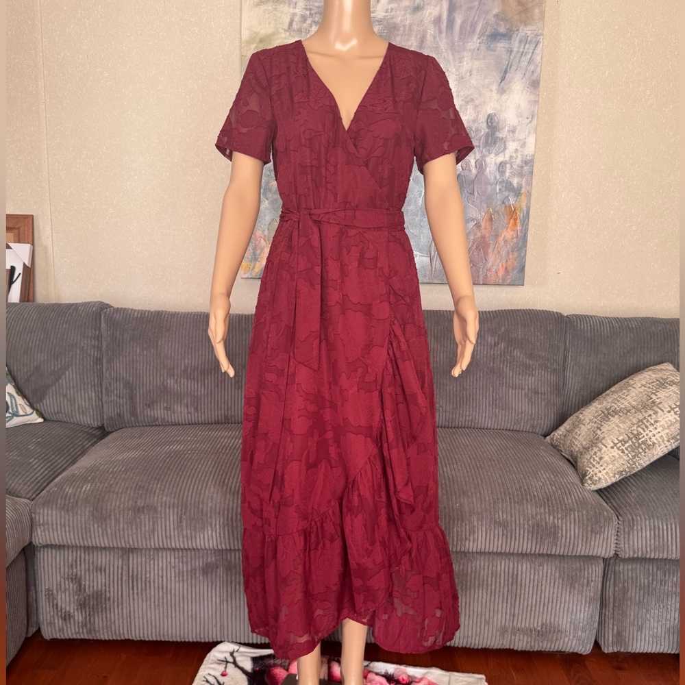 Lulu's Wine-Red Lace High-Low Wrap Dress